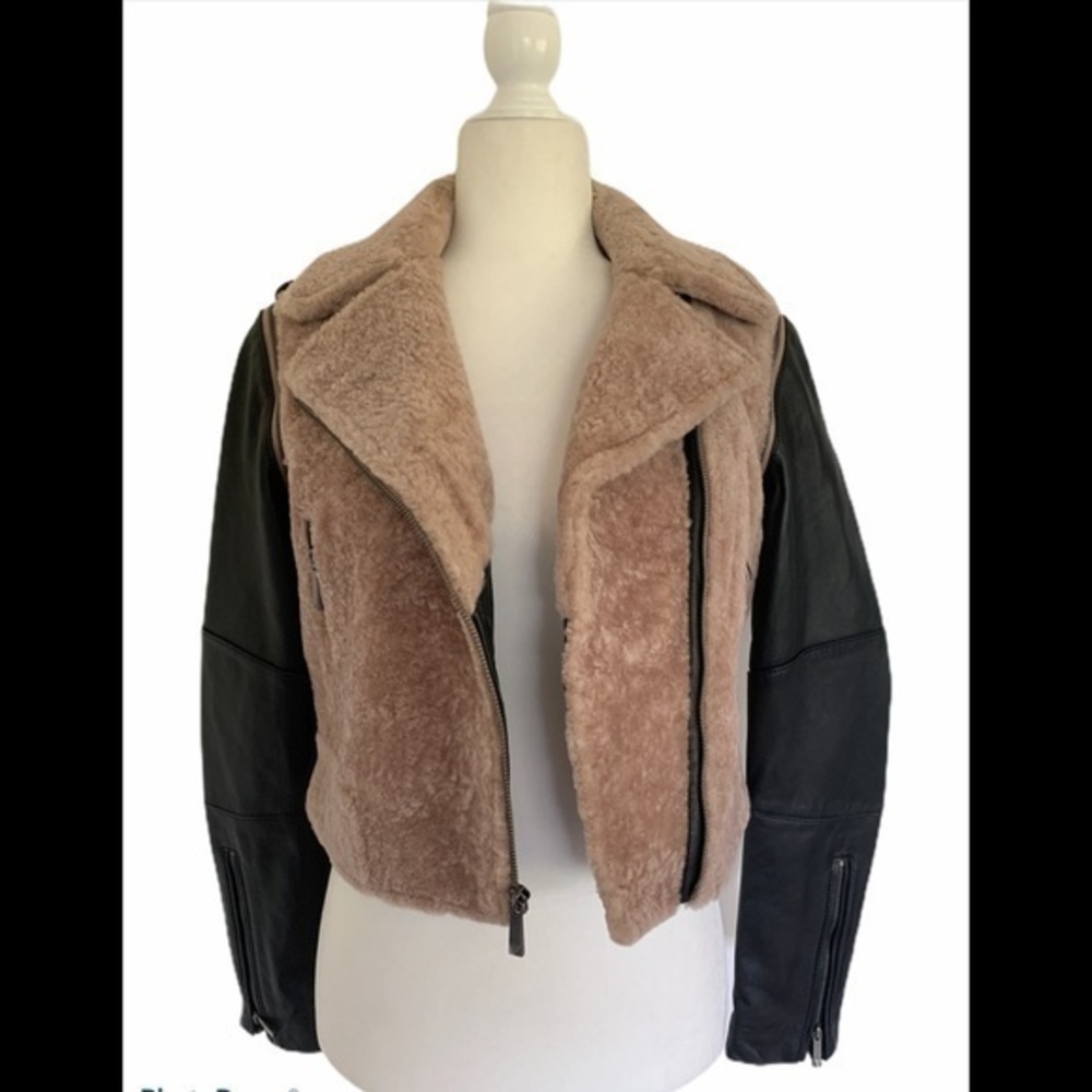 BCBG MaxAzria Harper lamb wool/leather vest/moto jacket with removable sleeves